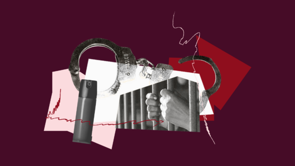 Collage in shades of red with images of hands through prison bars, pepper spray, and handcuffs