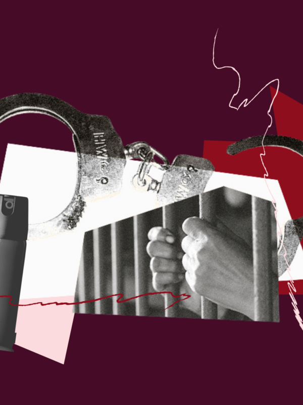 Collage in shades of red with images of hands through prison bars, pepper spray, and handcuffs