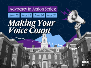 a blue and purple collage featuring a black and white photo of Legislative Hall and an arm holding a megaphone