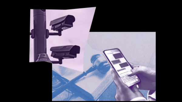 collage graphic featuring someone on their cell phone, a judge's gavel, and surveillance cameras
