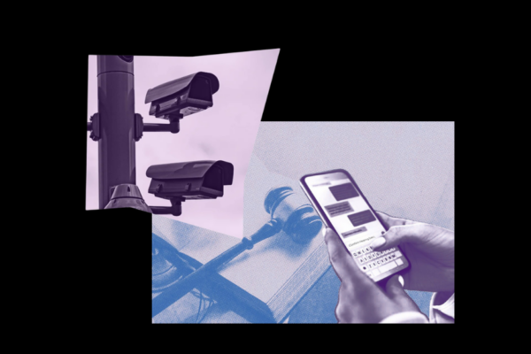 collage graphic featuring someone on their cell phone, a judge's gavel, and surveillance cameras