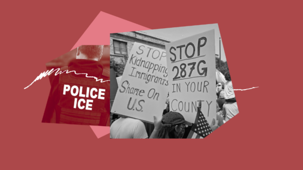 collage of people protesting ICE and an ICE officer in uniform on a rust-colored background