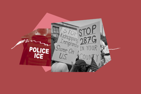 collage of people protesting ICE and an ICE officer in uniform on a rust-colored background