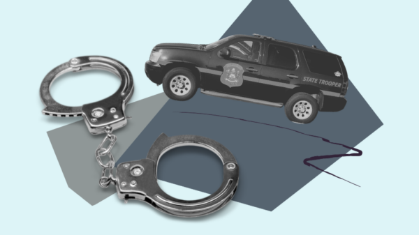 blue collage featuring a Delaware police vehicle and handcuffs