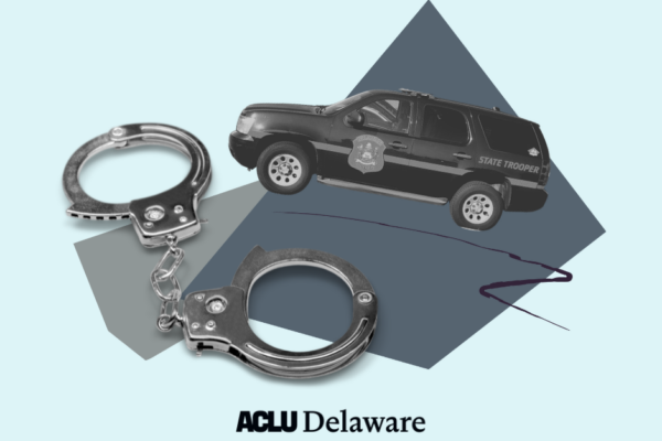 blue collage featuring a Delaware police vehicle and handcuffs
