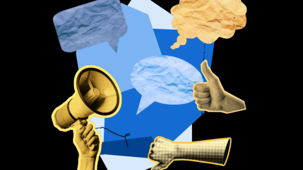 blue, black, and yellow collage of hands giving a thumbs up and a thumbs down, a megaphone, and speech and thought bubbles