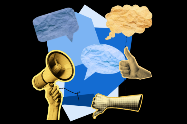 blue, black, and yellow collage of hands giving a thumbs up and a thumbs down, a megaphone, and speech and thought bubbles
