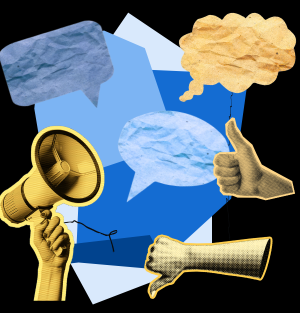 blue, black, and yellow collage of hands giving a thumbs up and a thumbs down, a megaphone, and speech and thought bubbles