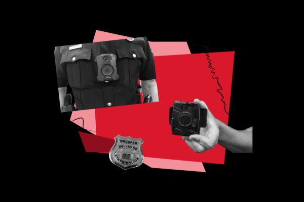 black and red collage of police body worn cameras