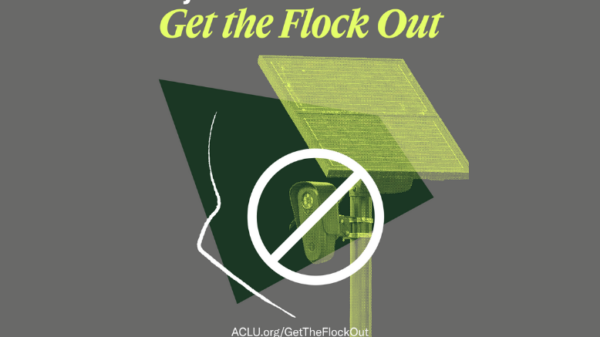 Image of a Flock camera accompanied by text that reads, "Say No To Mass Surveillance: Get the Flock Out"