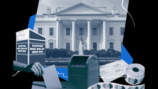 collage of someone mailing in their ballot after voting