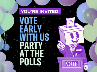 Purple cartoon poll box on a black background to the right of text that reads "vote early with us party at the polls"