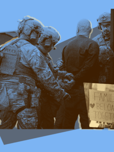 collage of ICE agents handcuffing and detaining a person alongside a homemade protest sign that says, "Families Belong Together."