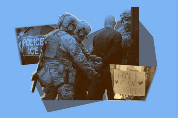 collage of ICE agents handcuffing and detaining a person alongside a homemade protest sign that says, "Families Belong Together."