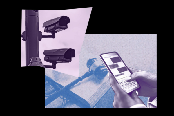 collage of someone on their cell phone and surveillance cameras