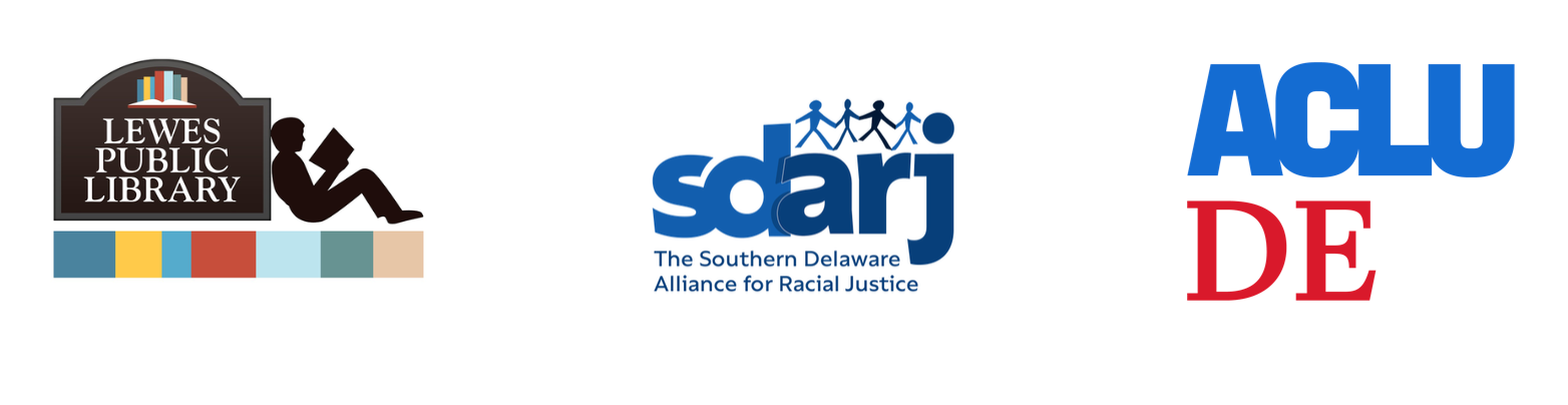 Logos of the Lewes Public Library, SDARJ, and ACLU-DE
