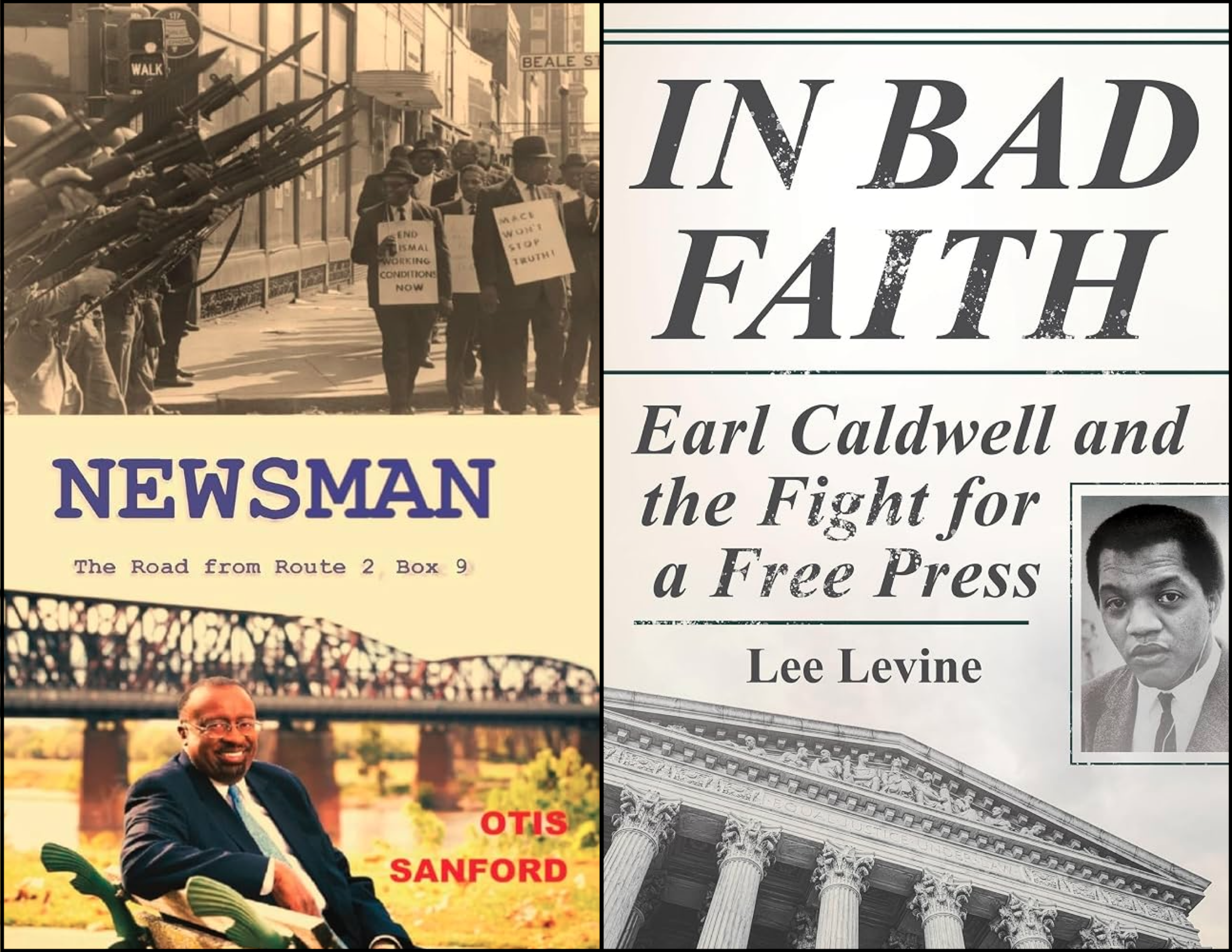 The book covers of the two novels "In Bad Faith: Earl Caldwell and the Fight for a Free Press" by Lee Levine and "Newsman: The Road from Route 2, Box 9" by Otis Sanford
