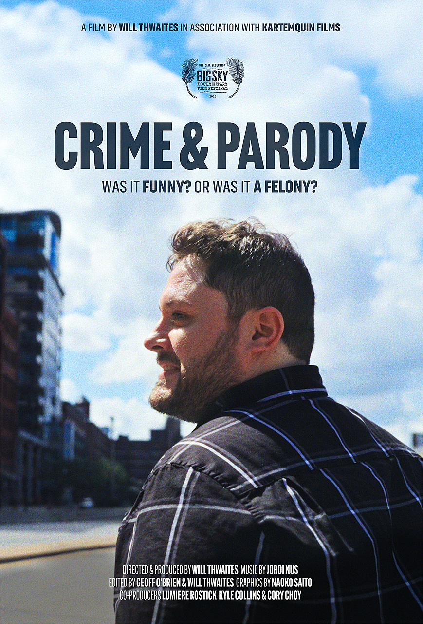 Crime & Parody Film Poster featuring the film's protagonist, a white bearded man wearing a plaid flannel shirt standing outside with city buildings in the background