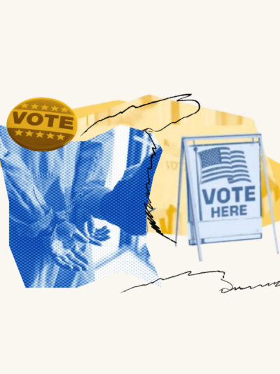 yellow and blue collage of someone with handcuffs, a "vote here" sign, and a "vote" button