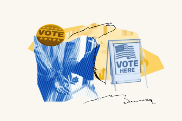 yellow and blue collage of someone with handcuffs, a "vote here" sign, and a "vote" button