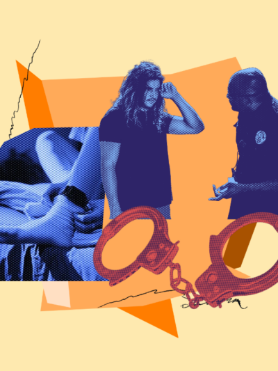 orange, blue, and yellow collage of a probation officer talking to a person, an ankle monitor, and handcuffs