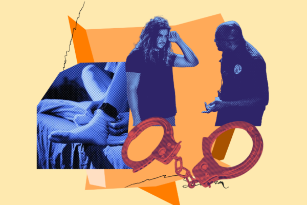 orange, blue, and yellow collage of a probation officer talking to a person, an ankle monitor, and handcuffs
