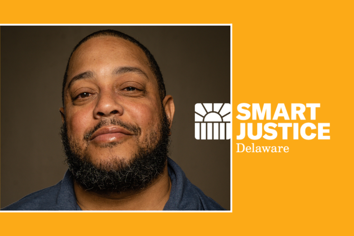 Headshot of Daron "Timeless Thomas" Swann with Smart Justice Delaware logo
