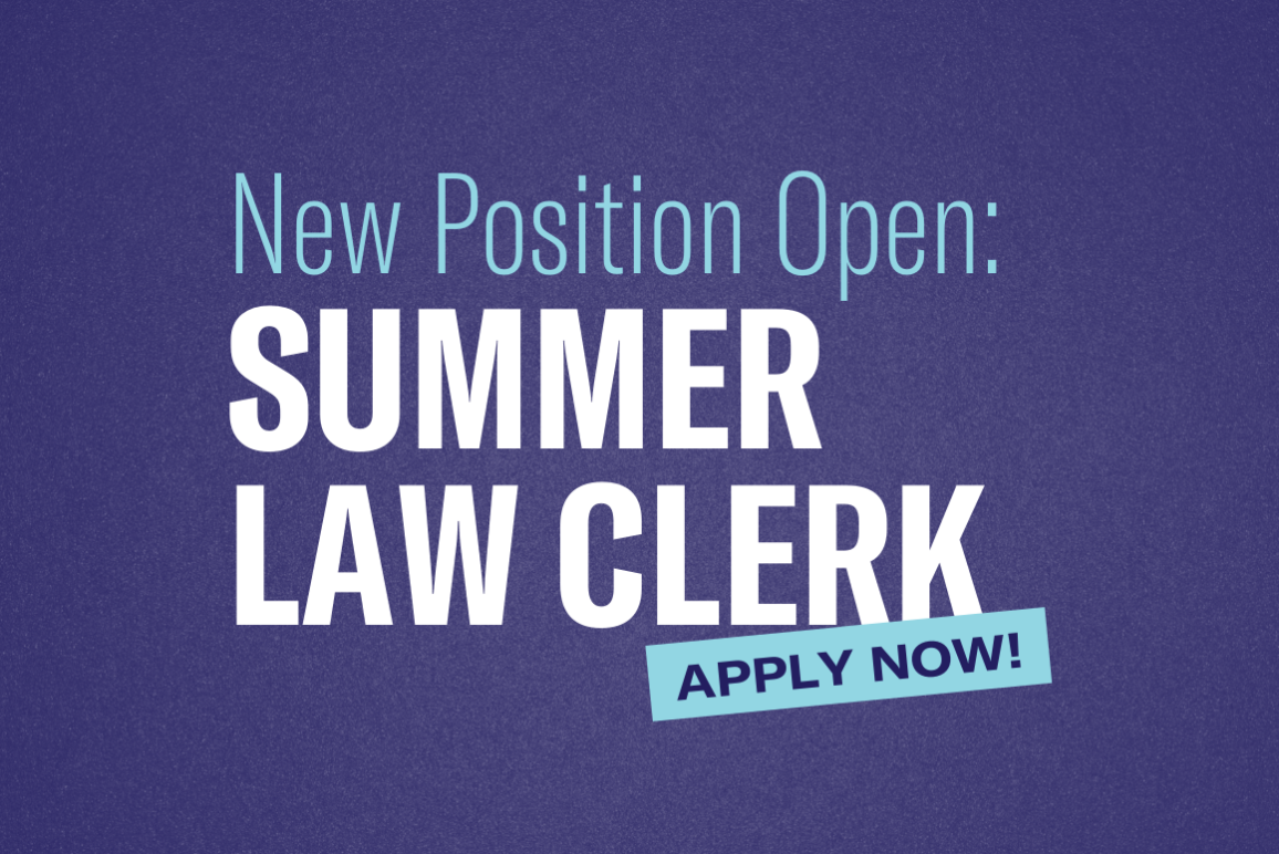 Graphic with navy blue background and azure text. New Position Open: Summer Law Clerk. Apply Now!