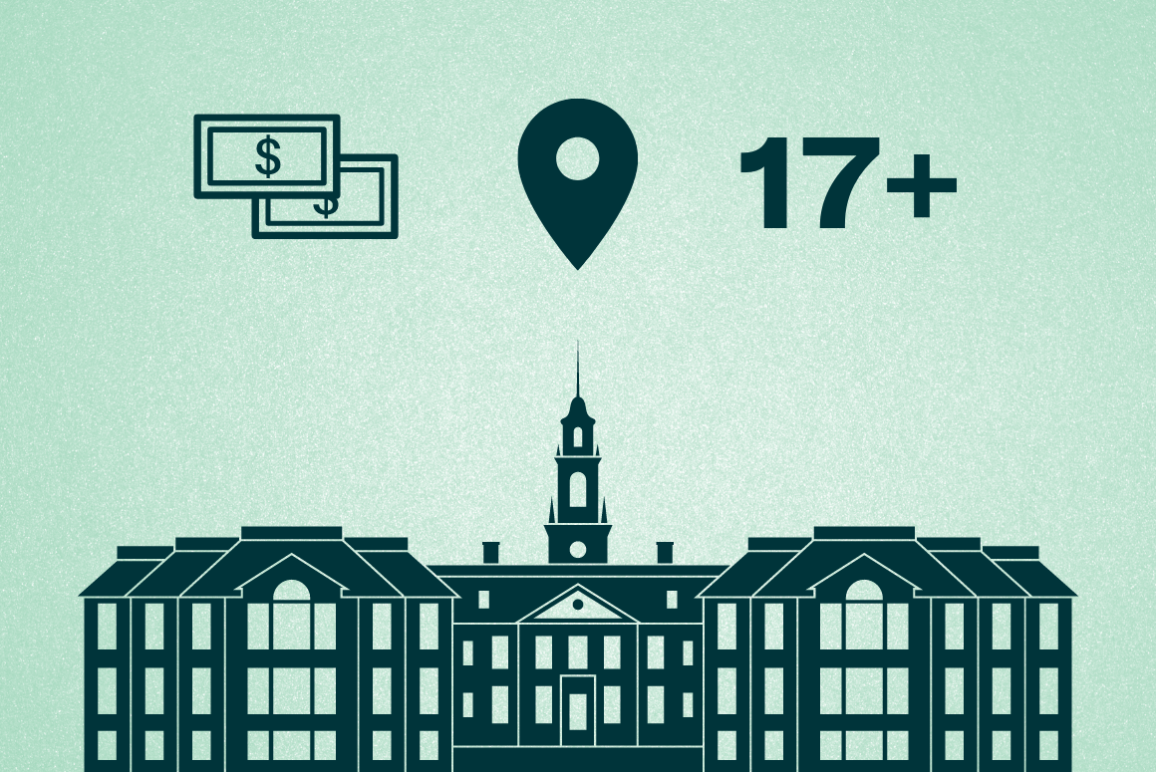 A graphic of the Delaware State Capitol building with three icons hovering over it: cash, a location pin, and the number "17+."