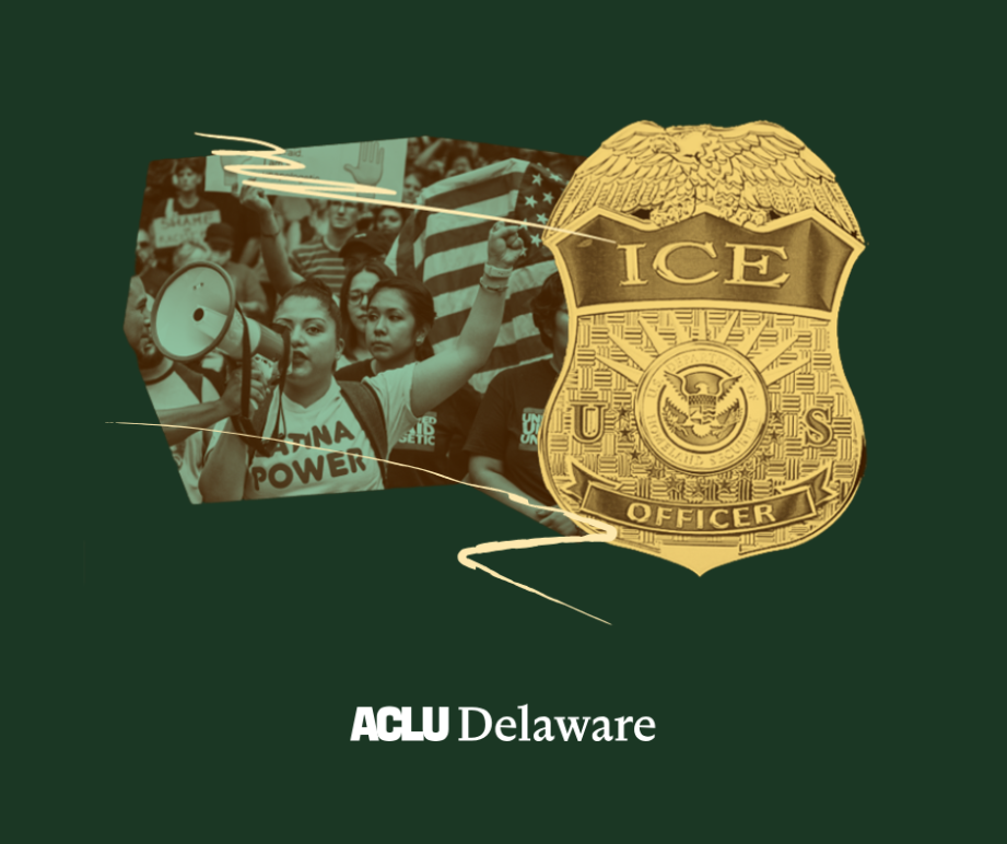 Image of a Protester and an ICE badge