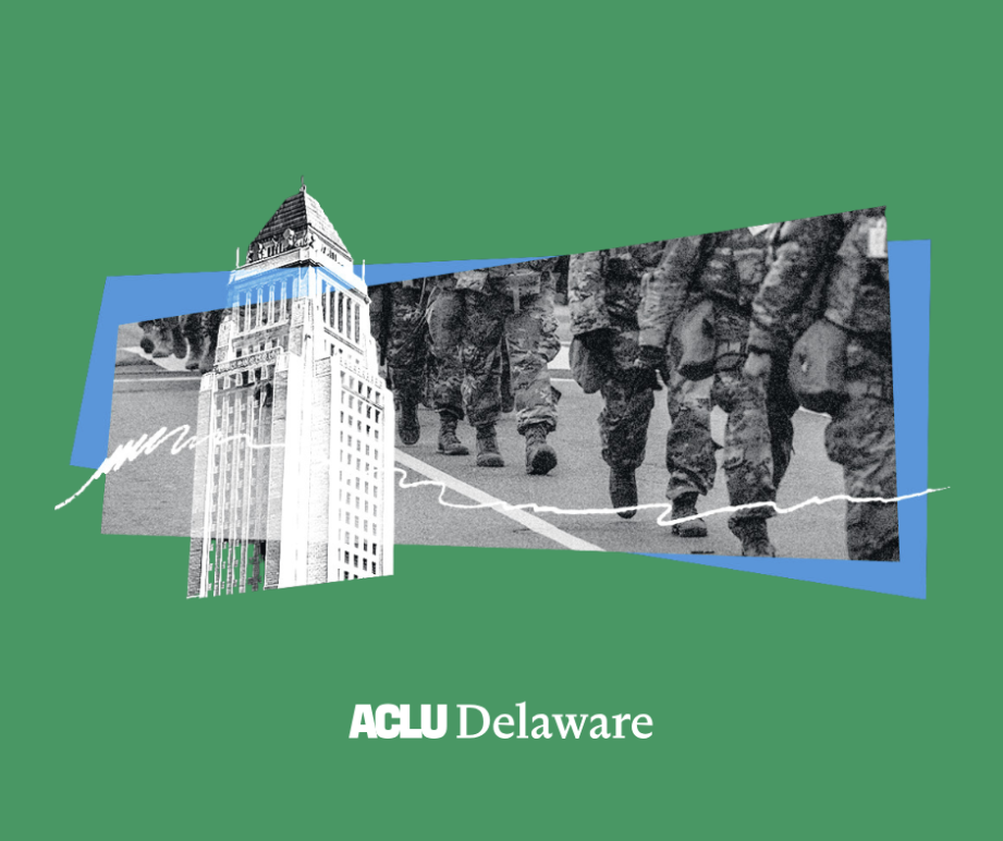 Green background with overlaid image of a skyscraper and the legs of marching troops