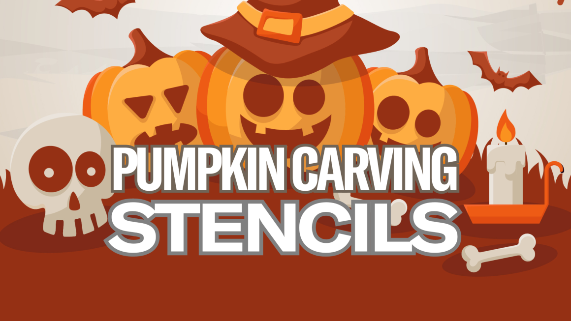 cartoon jack-o-lanterns, skull, and bats with white lettering in foreground stating 'pumpkin carving stencils'