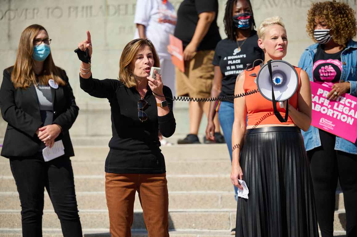 Photo Credit: Joe Hoddinott. Delaware Attorney General Kathy Jennings at abortion rally in Wilmington, Delaware.