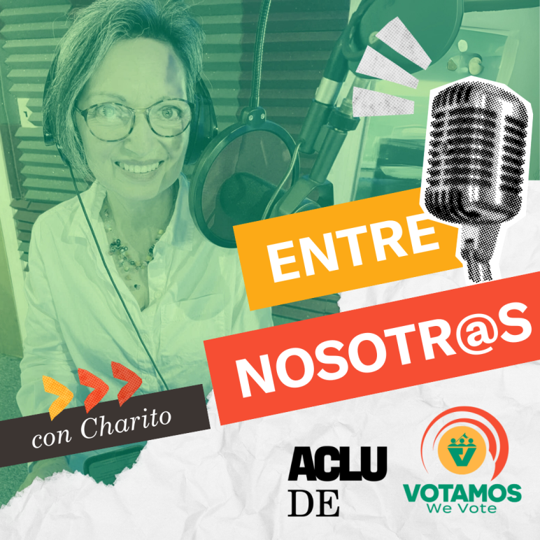 Charito in front of a microphone