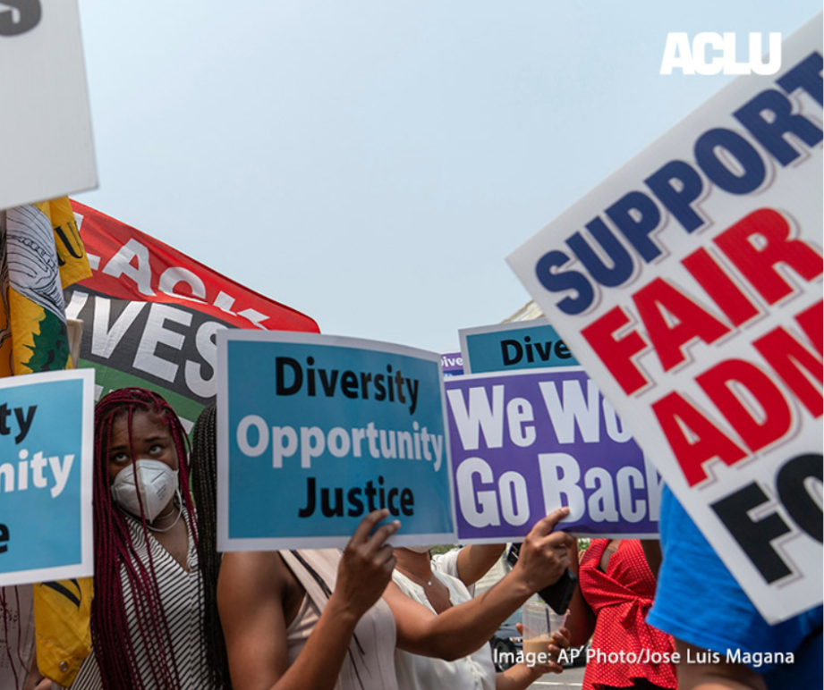 A crowd of protestors holding signs that with "DEI" related slogans like "Diversity, Opportunity, Justice"
