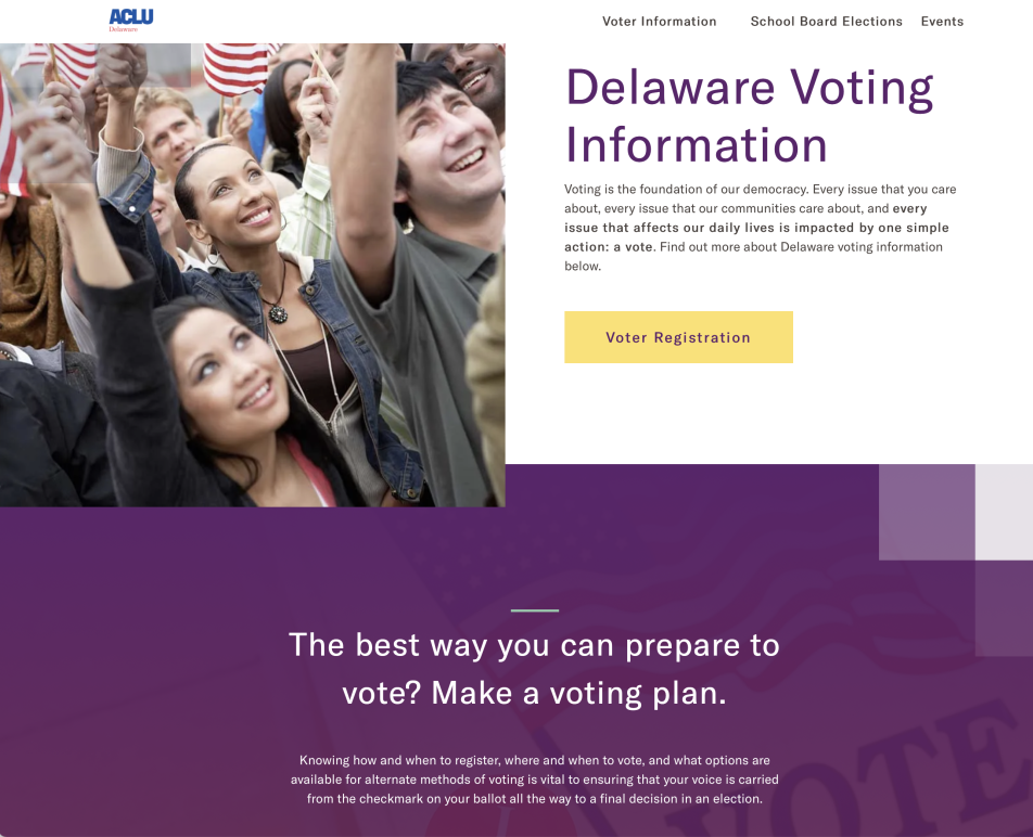 Screenshot of the upper portion of the homepage at VoteDelaware.org.