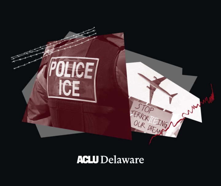 Collage of images: Back of a vest that reads POLICE/ICE, an airplane, and a protest sign that reads "Stop terrorizing our dream"