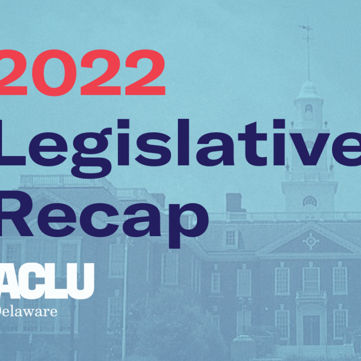 Graphic with a blue-tinted background of Delaware's Legislative Hall. Red and dark blue text reads, 2022 legislative recap.