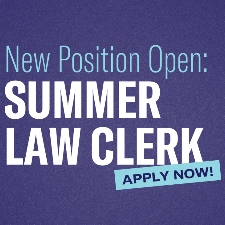 Graphic with navy blue background and azure text. New Position Open: Summer Law Clerk. Apply Now!