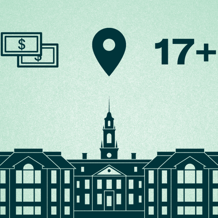 A graphic of the Delaware State Capitol building with three icons hovering over it: cash, a location pin, and the number "17+."