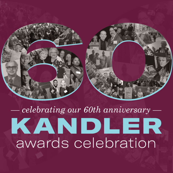 image: "60" filled with images of ACLU of Delaware's history; text: celebrating our 60th anniversary, Kandler awards celebration