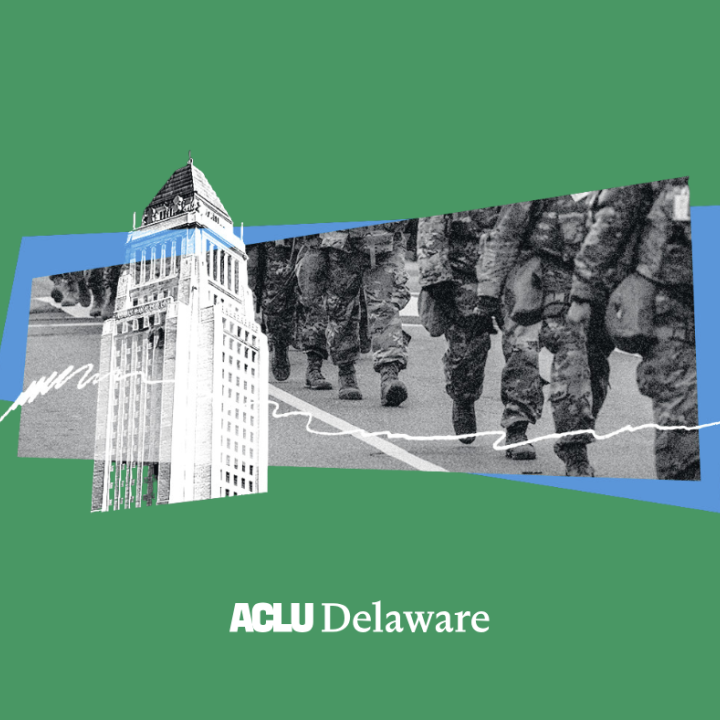 Green background with overlaid image of a skyscraper and the legs of marching troops