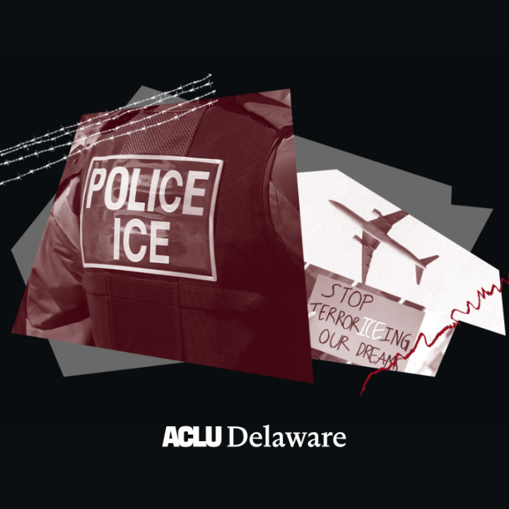 Collage of images: Back of a vest that reads POLICE/ICE, an airplane, and a protest sign that reads "Stop terrorizing our dream"