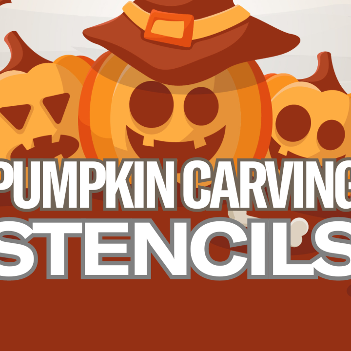 cartoon jack-o-lanterns, skull, and bats with white lettering in foreground stating 'pumpkin carving stencils'