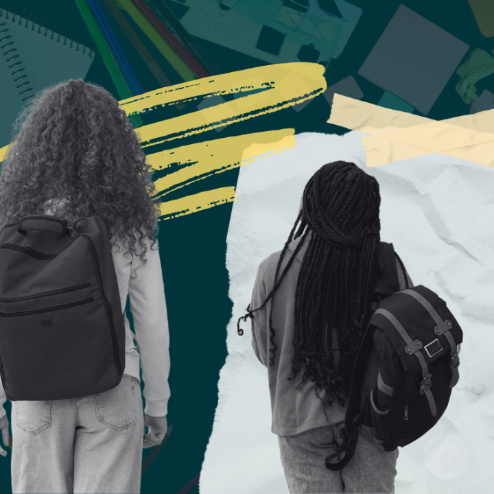 Students with backpacks walking away with their backs turned. Background is faded images of schools supplies and a piece of notebook paper and tape.