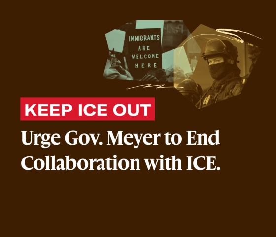 Poster that reads "immigrants are welcome here" and an image of a masked ICE agent